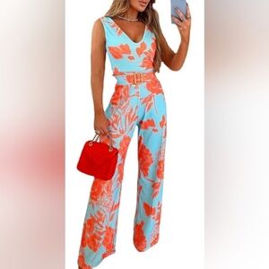 Vibrant Blue and Orange Floral Jumpsuit with Wide-Leg Design